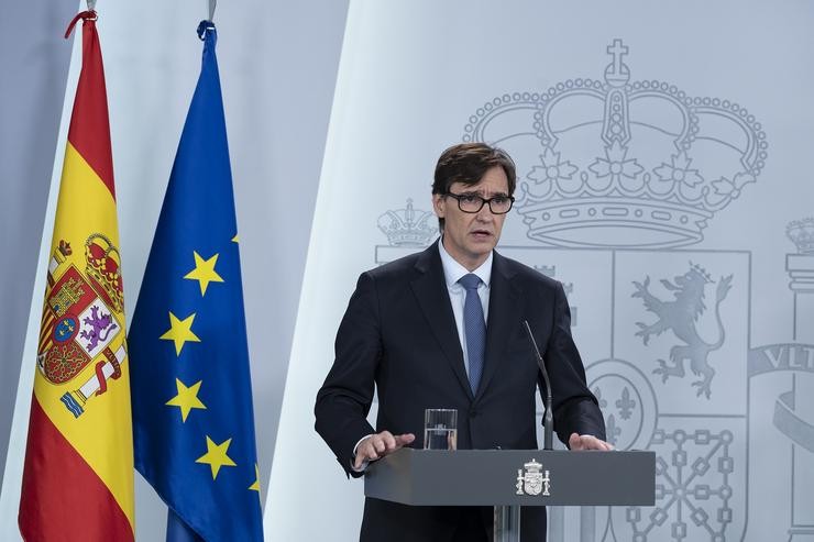 Intervención en rolda de prensa do ministro de Sanidade, Salvador Illa, sobre a evolución da pandemia do coronavirus en España. 1 de abril de 2020.. POOL MONCLOA/BORJA PUIG DA BELLACASA - Arquivo
