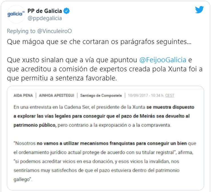 Tweet do PP nunha discusión sobre o Pazo de Meirás/Twitter