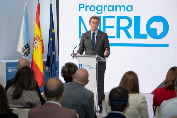 O presidente da Xunta, Alberto Núñez Feijóo, durante o encontro 'Retorno Emprendedor: Programa Merlo'.. XUNTA 