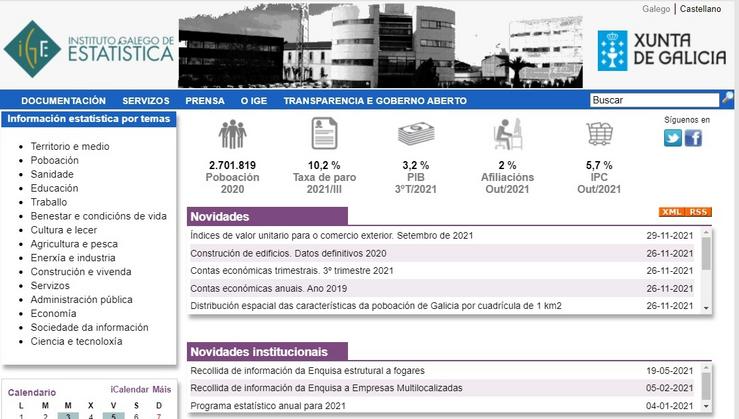 Portada da web do IGE. CAPTURA 