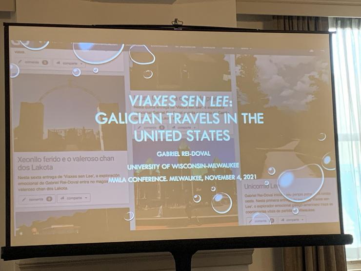 Presentación sobre Viaxe sen Lee no Congreso da MMLA 2022 en Milwaukee