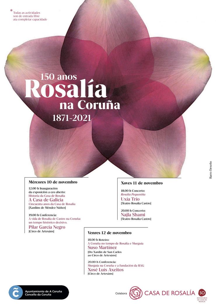 Cartel das xornadas conmemorativas do 150 aniversario da chegada á Coruña de Rosalía de Castro. CONCELLO DA CORUÑA 