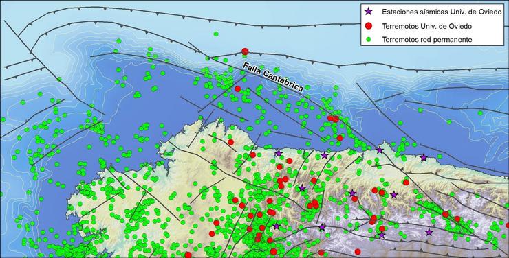 Mapa de terremotos no norte da península / Universidad de Oviedo.
