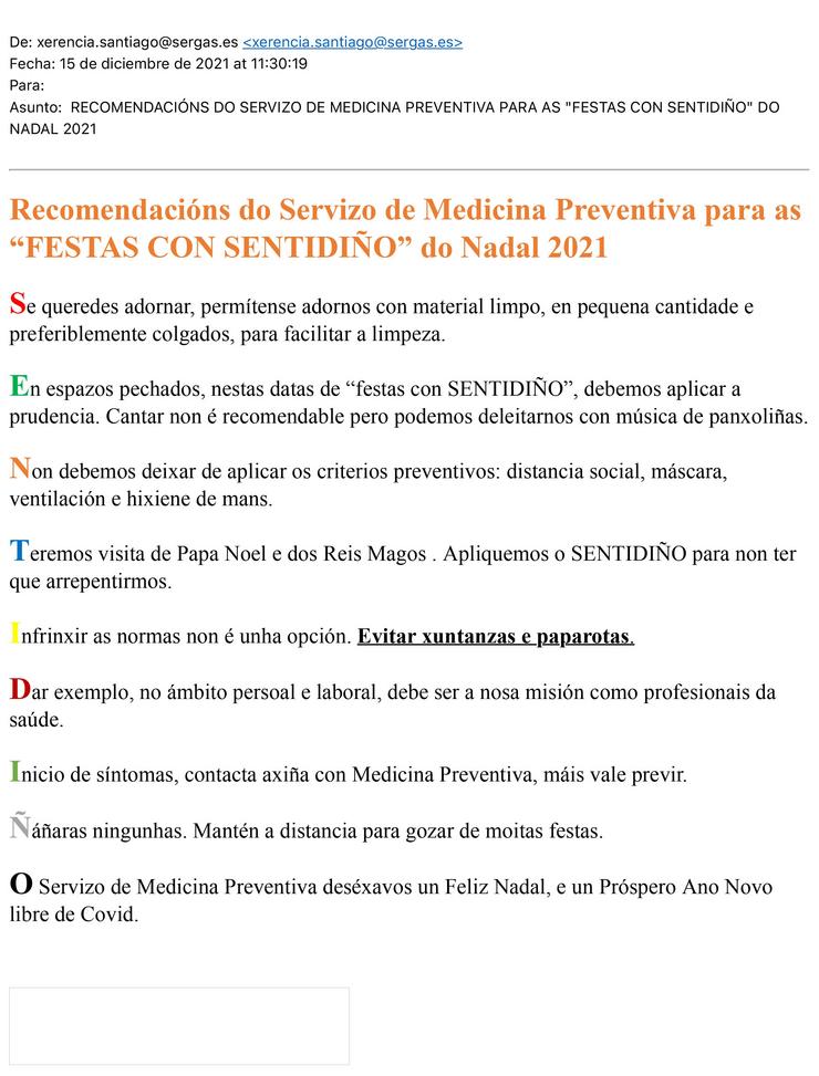 Correo coas recomendacións remitidas  por Medicamento Preventivo da área sanitaria de Santiago.. CESM GALICIA / Europa Press