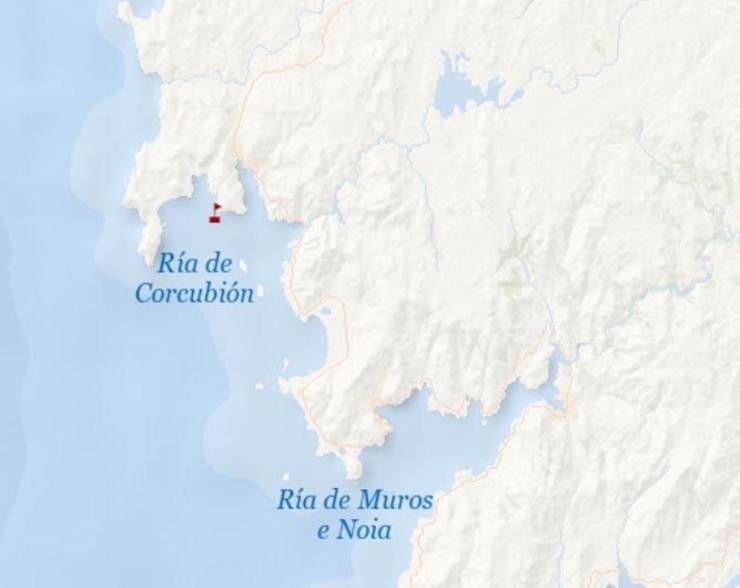 Mapa do lugar onde se produciu o accidente do pesqueiro Raygon na costa de Fisterra (A Coruña). SALVAMENTO MARÍTIMO / Europa Press