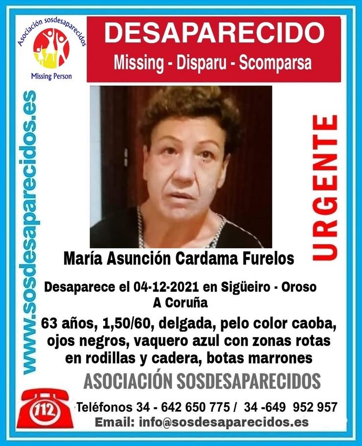 María Asunción Cardama Furelos, muller de 65 anos desaparecida en Sigüeiro, Oroso (A Coruña).. SOS DESAPARECIDOS 