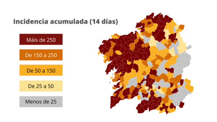 Incidencia acumulada da covid nos concellos galegos 