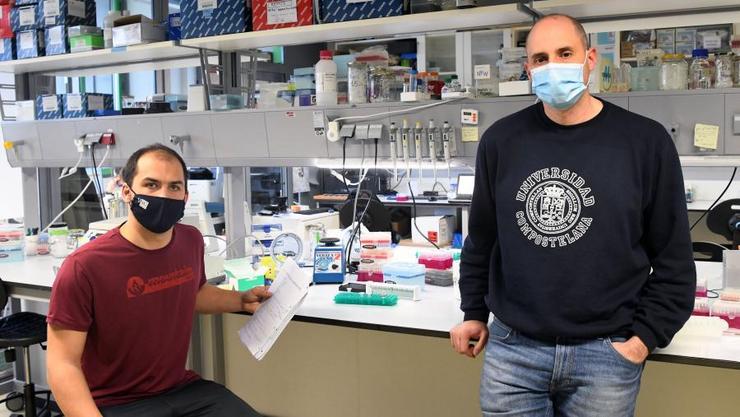 Os investigadores Jose Tubío (dereita) e Martín Santamarina (esquerda) no seu laboratorio do CiMUS. FOTO: Santi Alvite / USC.
