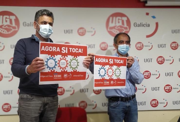 Ramón Sarmiento (CC.OO.) e José Antonio Gómez (UXT) na presentación dunha mobilización para reclamar ao Goberno medidas en materia laboral 