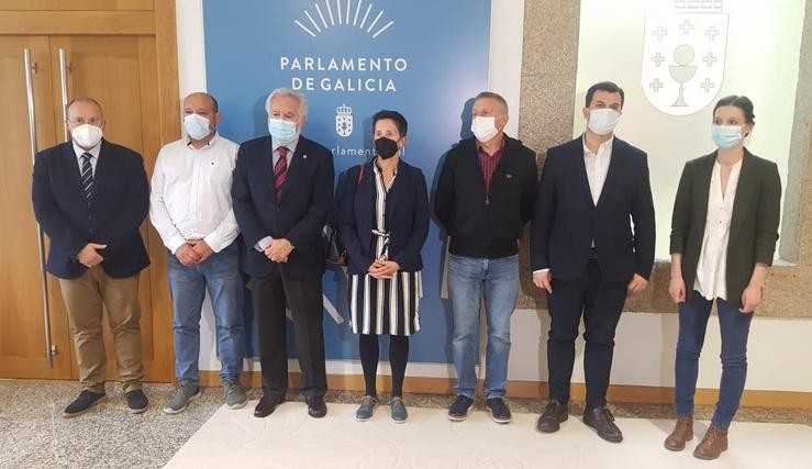 O presidente da Cámara galega, Miguel Santalices, e representantes dos grupos coa familia do coruñés Diego Belo, morto en Filipinas en xaneiro de 2020. PARLAMENTO DE GALICIA / Europa Press