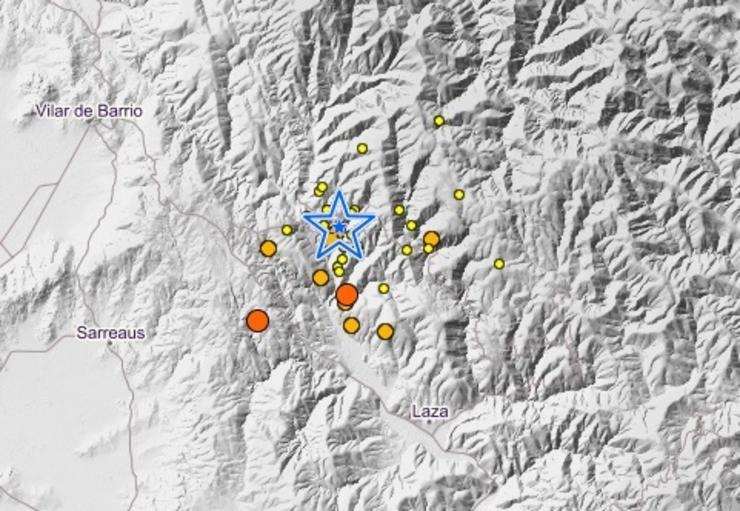 Tremores rexistrados na área de Laza desde o pasado xoves.. INSTITUTO XEOGRÁFICO NACIONAL / Europa Press