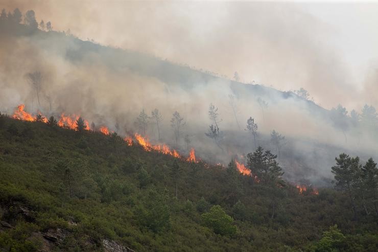 Labores de extinción do incendio forestal que se orixinou na contorna da localidade de Ferreirós de Abaixo, no concello de Folgoso do Courel, a 12 de xuño de 2021 