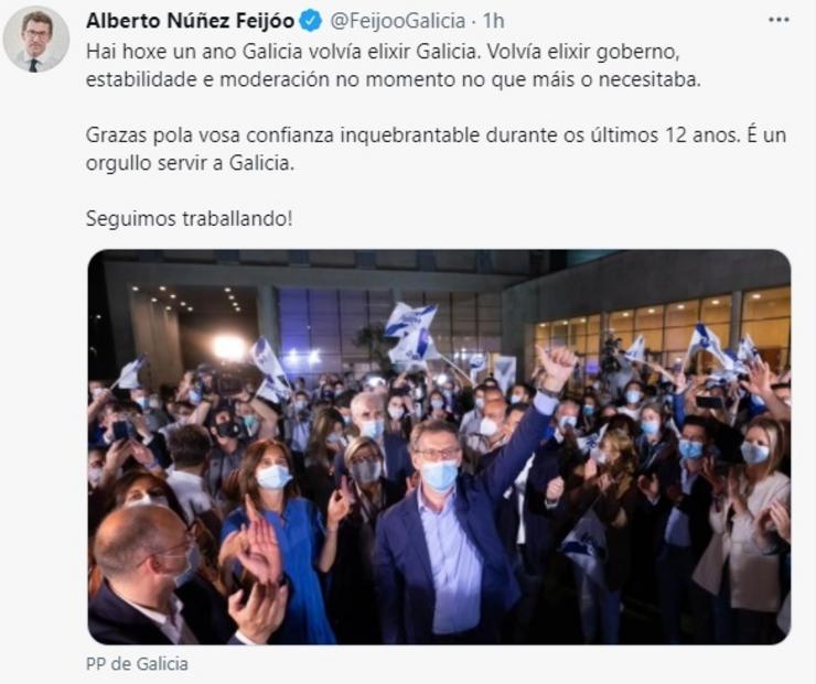 Imaxe da mensaxe publicada polo presidente da Xunta e líder do PPdeG, Alberto Núñez Feijóo, en Twitter. CAPTURA 