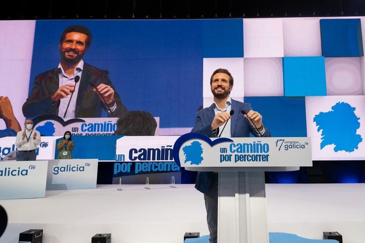 O presidente do PP, Pablo Casado, no 17 Congreso do PP de Galicia, a 17 de xullo de 2021, en Santiago de Compostela (Galicia).. César Arxina - Europa Press