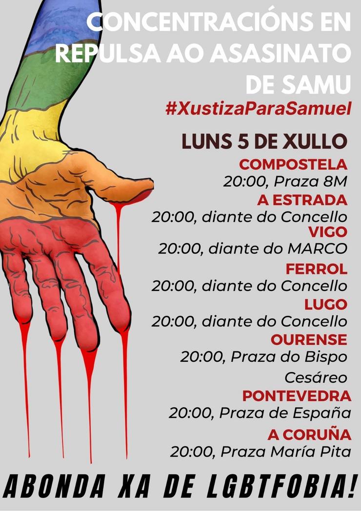 Cartel das manifestacións convocadas para o luns 5 de xuño en repulsa da morte dun mozo de 24 anos por mor dunha malleira na Coruña.. AVANTE LGBT 
