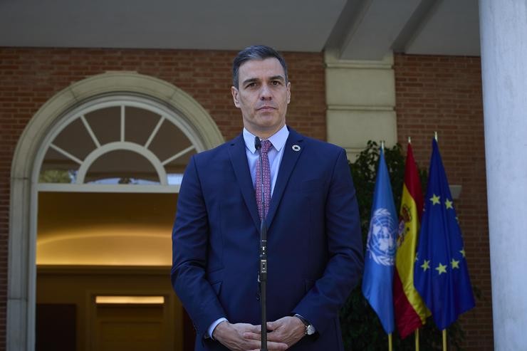 O presidente do Goberno, Pedro Sánchez, intervén nunha rolda de prensa posterior a unha reunión co secretario xeral das Nacións Unidas, 2 de xullo de 2021, no Palacio da Moncloa, Madrid. (España).. Jesús Hellín - Europa Press