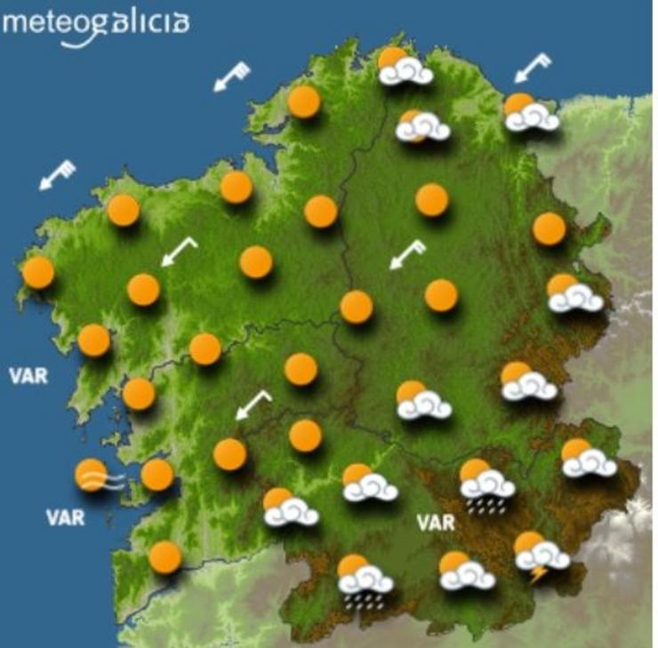 Mapa da previsión de Meteogalicia para a tarde do 25 de agosto de 2021.. METEOGALICIA-XUNTA DE GALICIA 