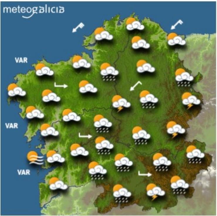 Mapa da previsión meteorolóxica de Galicia para a tarde do 26 de agosto de 2021.. METEGALICIA-XUNTA DE GALICIA 