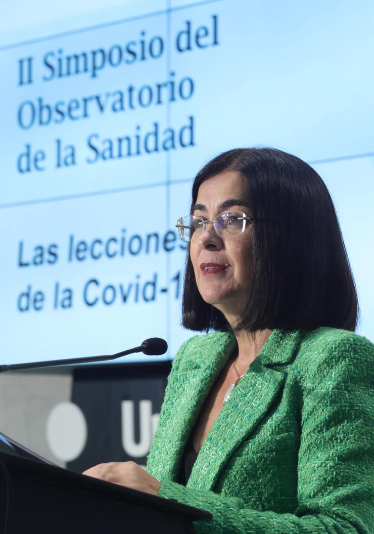 A ministra de Sanidade, Carolina Darias, intervén na apertura do II Simposio do Observatorio da Sanidade 