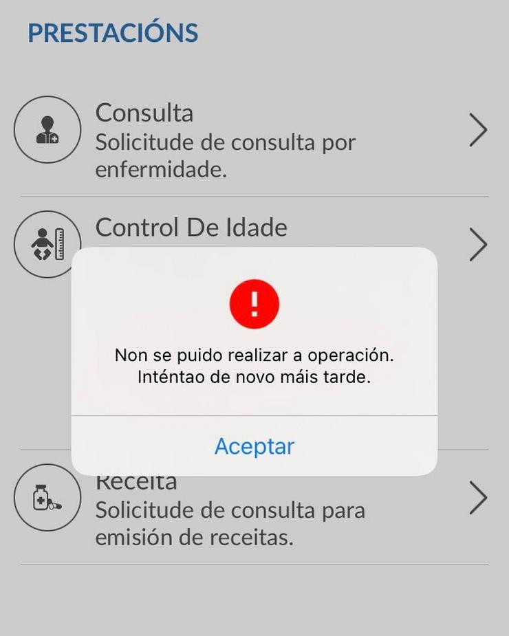 Imaxe dunha petición de cita na 'app' do Sergas. 