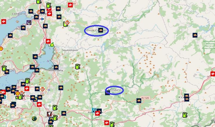 Mapa das estacións de servizo do leste de Pontevedra 