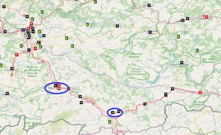 Mapa das estacións de servizo do sur de Ourense 