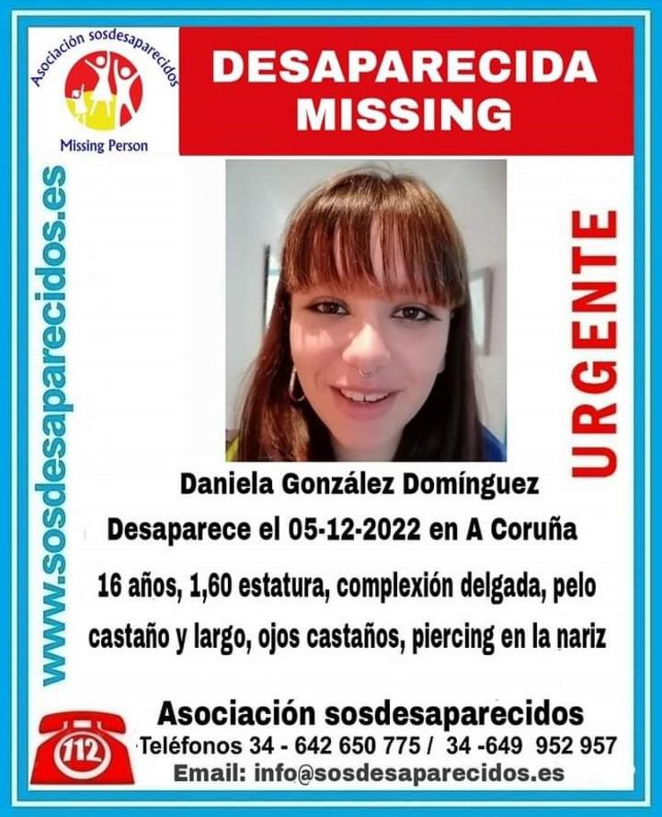 Daniela González Domínguez, adolescente de 16 anos desaparecida na Coruña. SOS DESAPARECIDOS / Europa Press