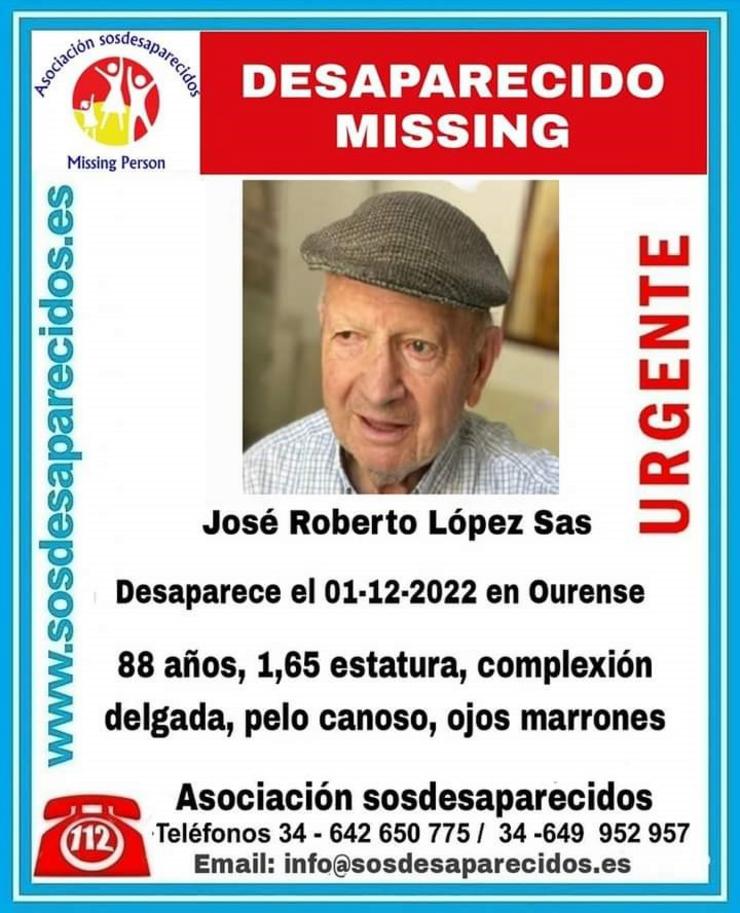 Cartel informativo sobre a desapareción de José Roberto López Sas, desparecido en Ourense o 1 de decembro. SOS DESAPARECIDOS 