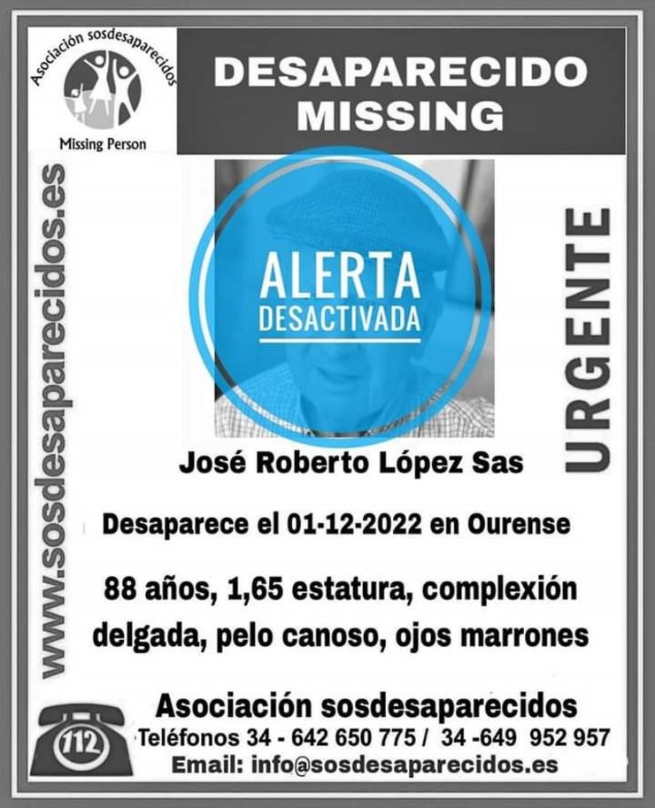 Alerta desactivada sobre a desaparición dun home de Ourense, que foi localizado en Lugo este sábado. SOS DESAPARECIDOS / Europa Press