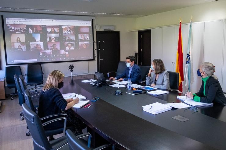 A conselleira de Emprego e Igualdade, María Jesús Lorenzana, agarraches telematicamente ao pleno do Consello dá Economía Social de Galicia. XOÁN CRESPO 
