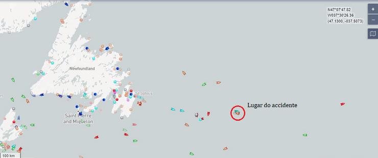 Tráfico marítimo na zona do accidente do pesqueiro Villa de Pitanxo/MarineTraffic