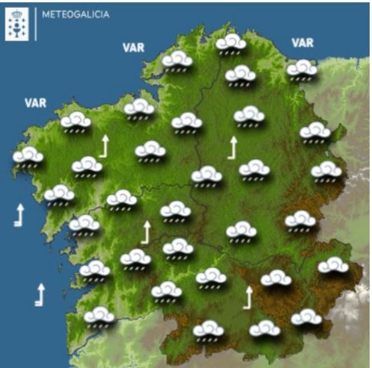 Mapa das previsións meteorolóxicas de Galicia para o 10 de febreiro de 2022.. METEOGALICIA 