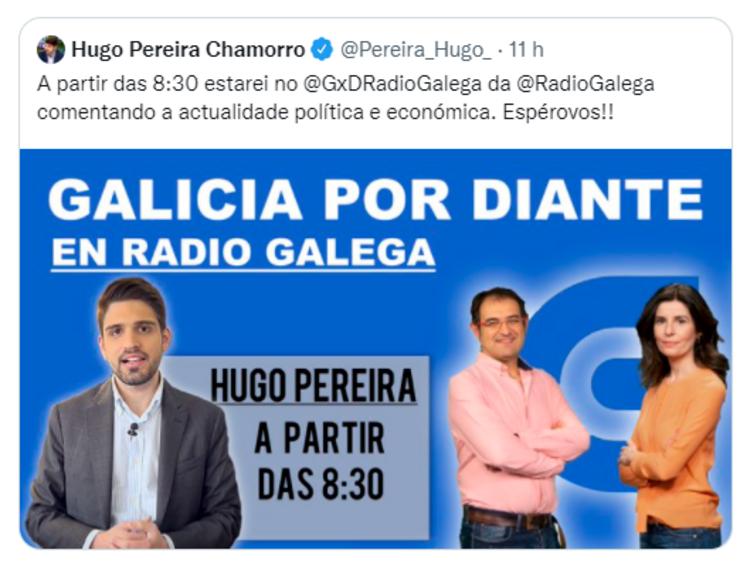 Hugo Pereira Chamorro anuncia en Twitter a súa colaboración na Radio Galega / Twitter