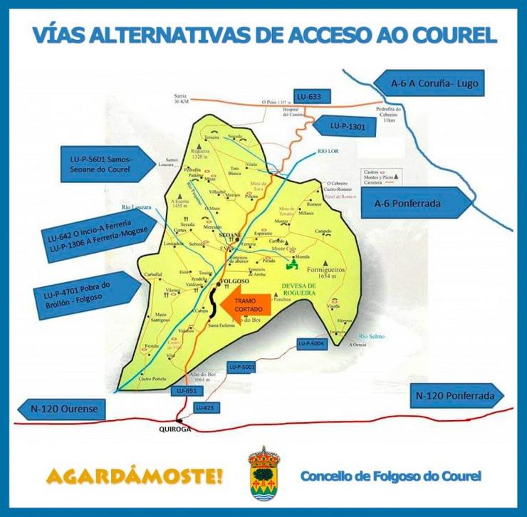 Mapa coas estradas que acceden ao Courel tras o derrube da estrada principal