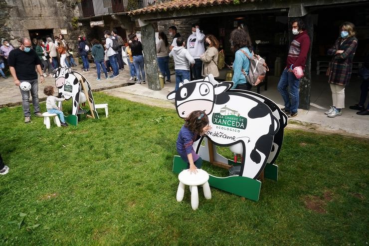 Varias persoas compran produtos lácteos, mentres uns nenos xogan a ordeñar, no Xanceda Market , na granxa Casa Grande de Xanceda. Álvaro Ballesteros - Europa Press / Europa Press