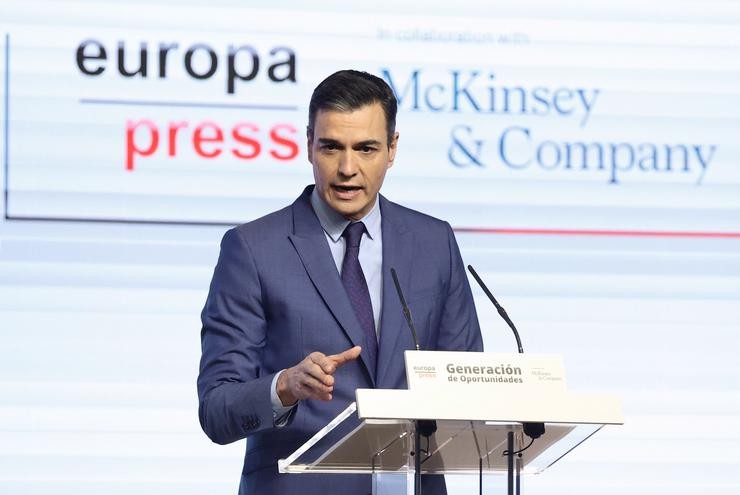 O presidente do Goberno, Pedro Sánchez; intervén no encontro do foro 'Xeración de Oportunidades', a 28 de marzo de 2022, en Madrid (España). 'Xeración de Oportunidades' é a plataforma creada por Europa Press en colaboración con McKinsey.. Alberto Ortega - Europa Press 