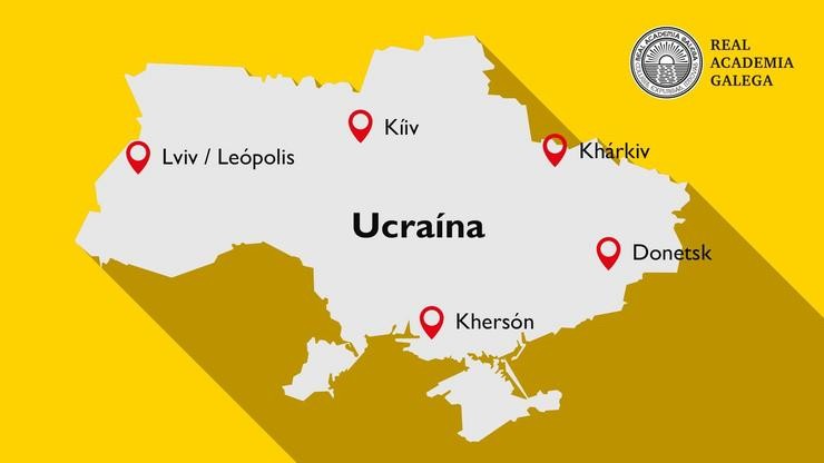 Mapa da RAG cos nomes das principais cidades ucraínas escritos na súa forma galega.. RAG / Europa Press