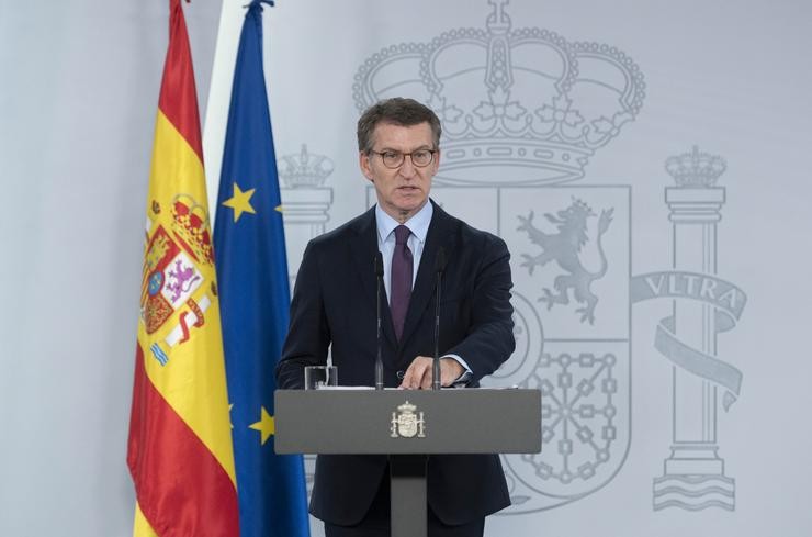 O presidente nacional do PP, Alberto Núñez Feijóo, comparece tras a reunión co presidente do Goberno, na Moncloa, a 7 de abril de 2022, en Madrid (España).. Alberto Ortega - Europa Press / Europa Press