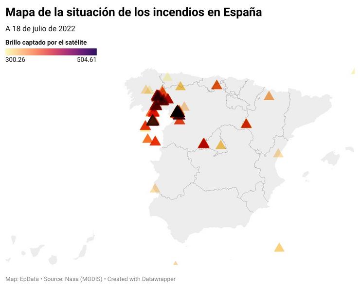 Mapa de situación dos incendios en España (18 de xullo de 2022). EPDATA / Europa Press