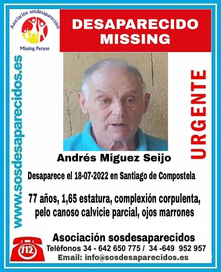 Buscan a un home de 77 anos desaparecido en Santiago. SOS DESAPARECIDOS / Europa Press