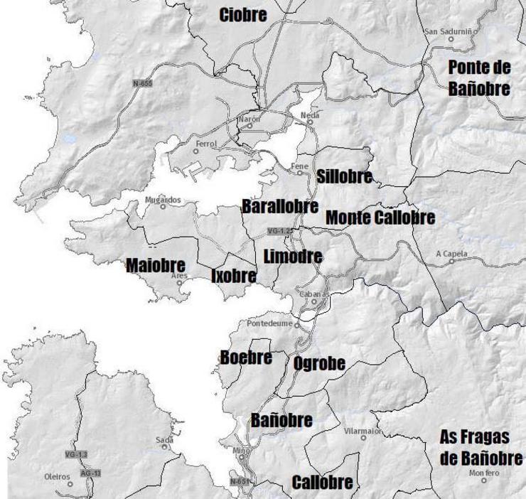 Concentración de topónimos rematados en -obre na área de Ferrolterra / Asociación Cultural Ferrolterra Antiga