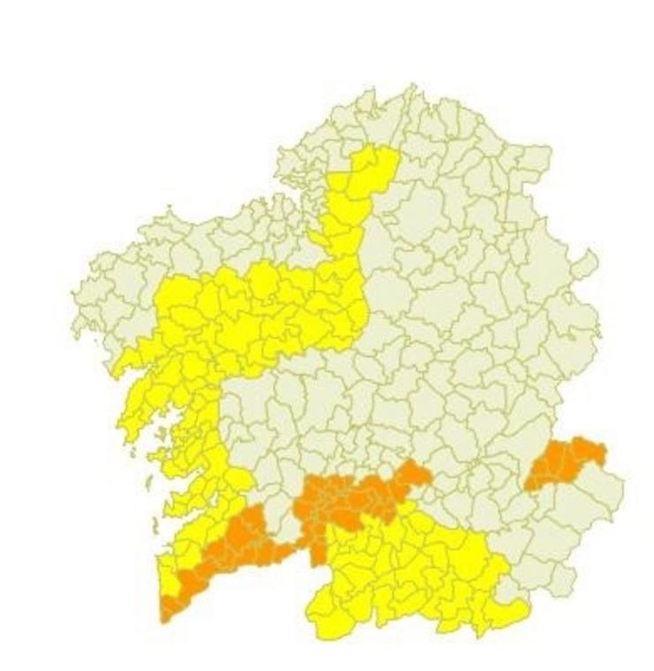 Alerta laranxa na zona do Miño, a 9  de xullo de 2022. METEOGALICIA / Europa Press