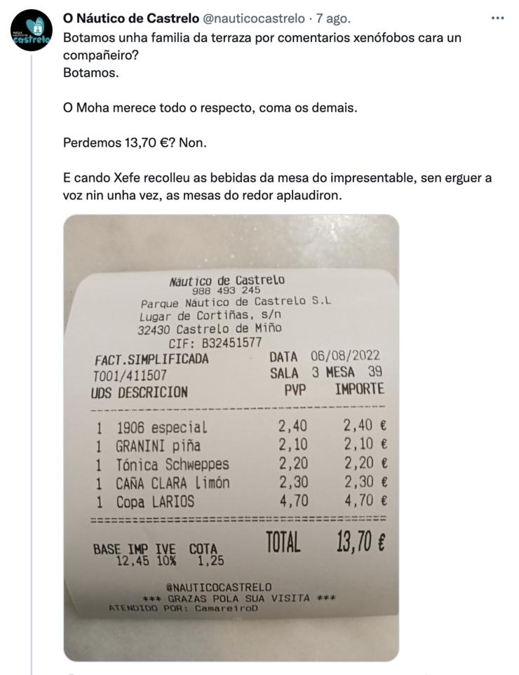 O restaurante Parque Náutico de Castrelo de Miño (Ourense) tivo que botar unha familia da súa terraza o pasado sábado pola noite por verter "comentarios xenófobos" dun dos seus integrantes cara a un dos traballadores.