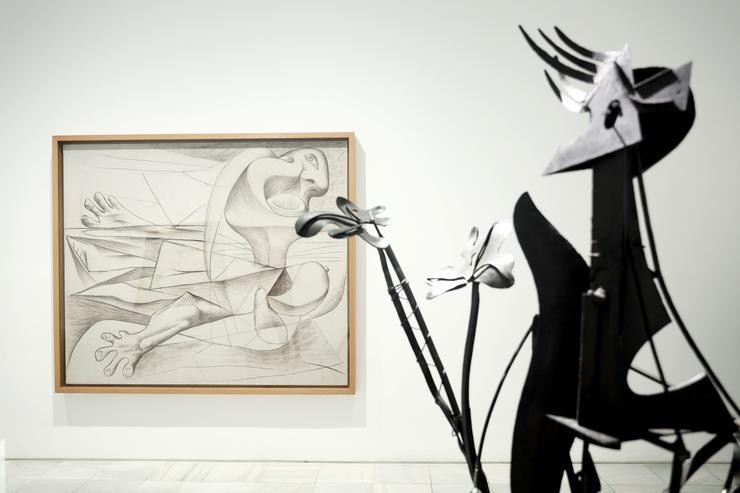 A obra 'A nadadora' e a escultura 'Muller no xardín' de Picasso, nunha exposición aberta ao público polos actos conmemorativos do Ano Picasso, no Museo Reina Sofía, a 12 de setembro de 2022, en Madrid (España). O Ano Picasso, que continuar. Eduardo Parra - Europa Press 