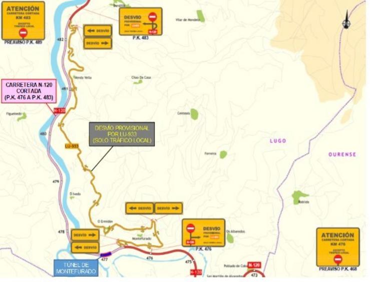 Desvío de tráfico con motivo dun simulacro no túnel de Montefurado (Quiroga), na N-120, na noite do 17 ao 18 de outubro de 2023 / MITMA