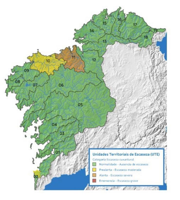 Mapa do estado actual na demarcación Galicia-Costa, a 25 de outubro de 2023 / XUNTA