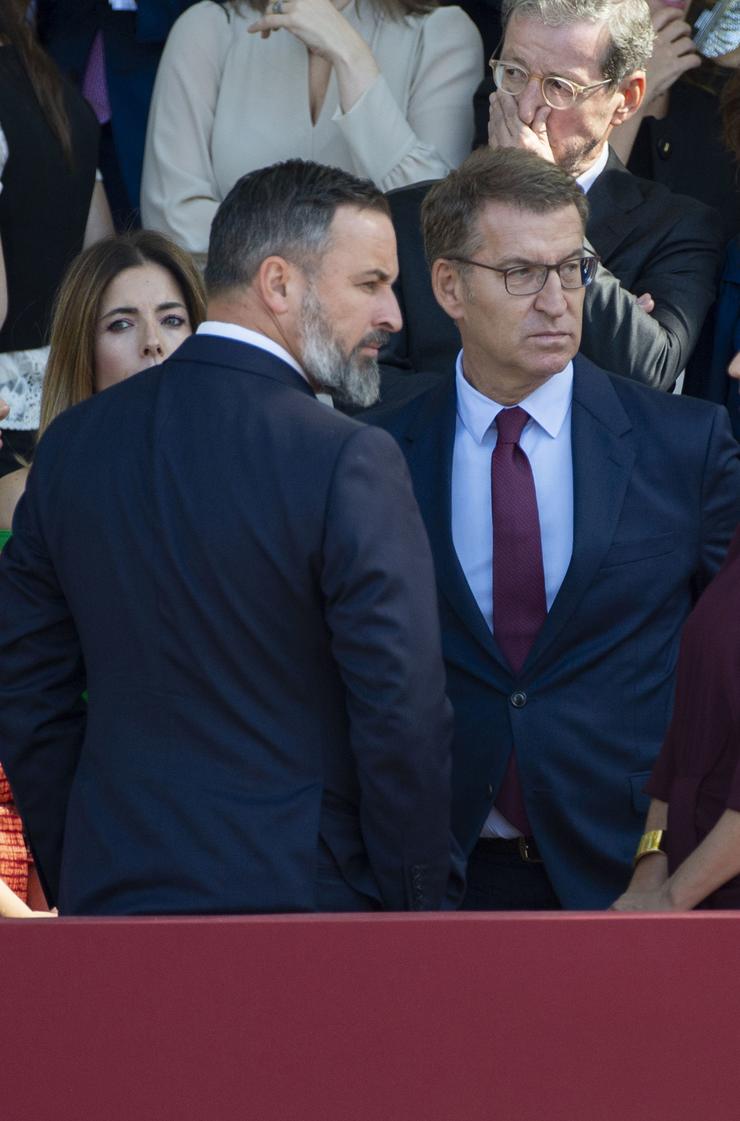 O líder de VOX, Santiago Abascal (e) e o presidente do PP, Alberto Núñez Feijóo (d), durante o desfile do 12 de outubro / Alberto Ortega - Europa Press