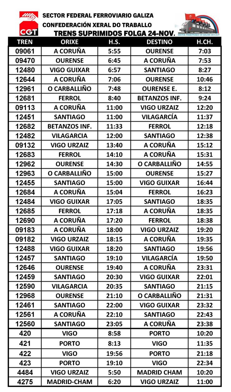 Trens suprimidos para a folga do 24 de novembro 