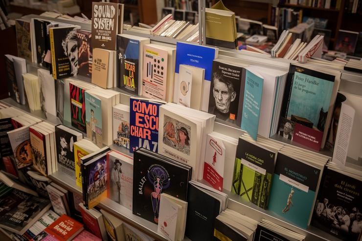 Libros e material colocado nos andeis dunha libraría / David Zorrakino - Arquivo