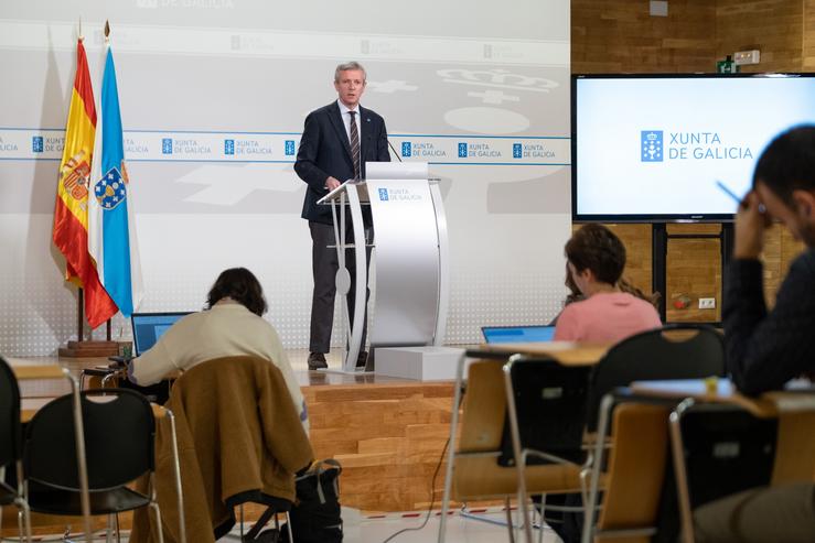 Ou presidente dá Xunta, Alfonso Rueda, durante a rolda de prensa posterior á reunión semanal do Consello da Xunta. San Caetano, Santiago de Compostela, 12/01/23.. DAVID CABEZÓN @ XUNTA DE GALICI / Europa Press